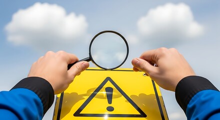 A person examining a yellow warning sign with a magnifying glass outdoors on a sunny day with clouds