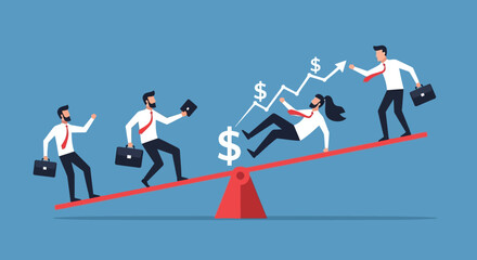 Fototapeta premium Business risk and financial imbalance concept with entrepreneurs on seesaw and falling dollar symbols 
