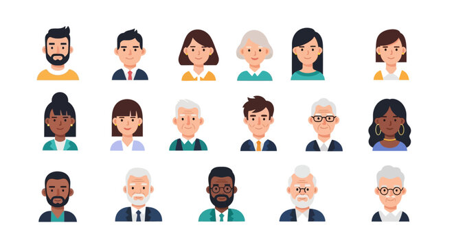 Diverse people avatar set with male and female characters of different ages and ethnicities in flat style
