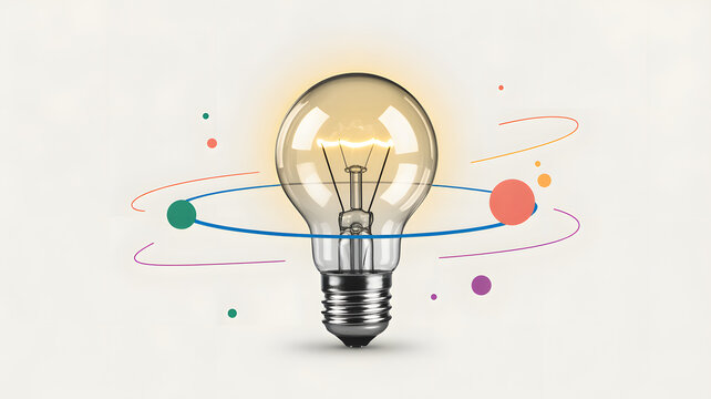 Light bulb with colorful orbiting lines and dots on a beige background - Powered by Adobe