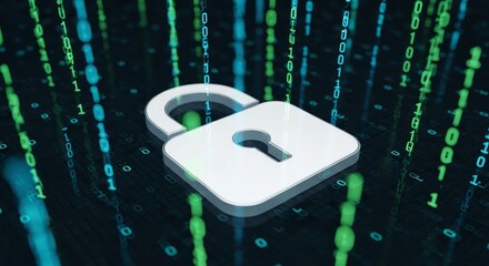 Secure digital padlock with green and blue binary code background for cybersecurity and data protection concepts