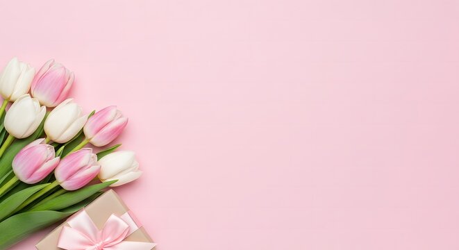 Happy mother's day bouquet of pink and white tulips on pastel background