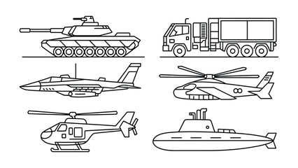 Military Vehicles Illustration: A collection of various military vehicles, including a tank, truck, jet fighter, helicopter, submarine, and aircraft, outlined in a modern and clean style. © Mohiuddin123