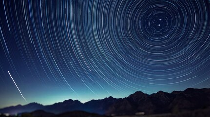 Star Trails over Mountains in Dark Night Sky with Celestial Motion in Long Exposure Photography for Astrophotography