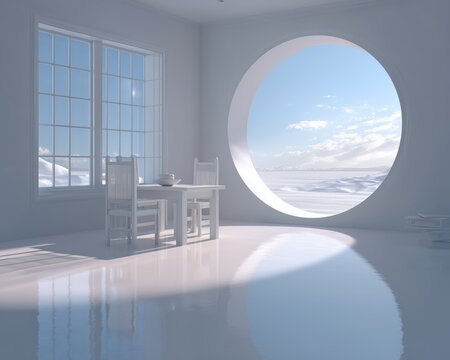 Bright white minimal room with large round window overlooking blue sky and clouds Soft futuristic interior atmosphere of freedom