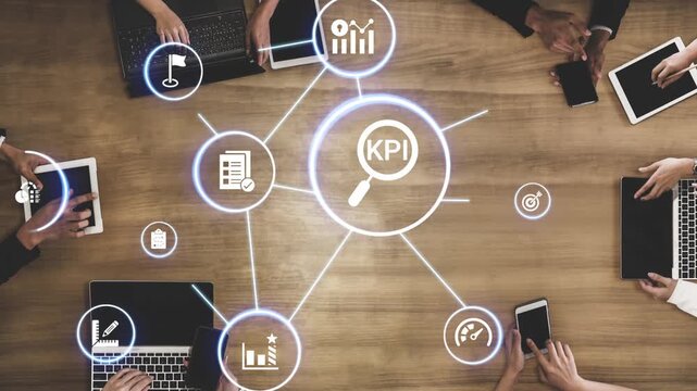 KPI icons show performance metrics, goals, and achievement measurement. KPI helps business track progress, KPI supports management, and KPI improves strategy results. Funnel