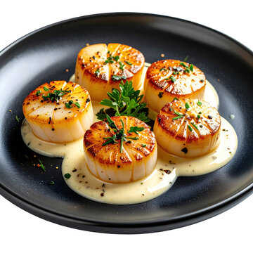 Juicy scallops in a silky garlic cream sauce on a dark plate, expertly lit and captured, isolated on white background.