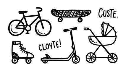 Wheeled transport icon: Featuring hand-drawn outline icons of bicycle, skateboard, roller skate, scooter, and stroller, capturing essential aspects of mobility, playfulness, and convenience.  © Mohiuddin123
