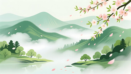 Lichun season mountains in mist with falling petals