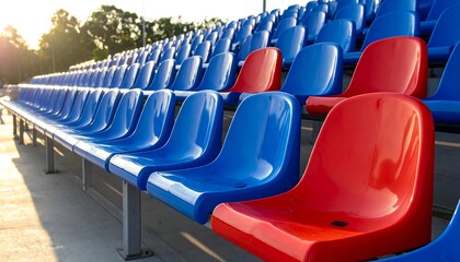 Rows of stadium seating in blue and red colors.