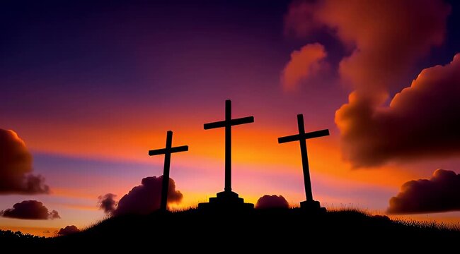 Dramatic Sunset Silhouette of Three Crosses on Hilltop, Christian Symbolism