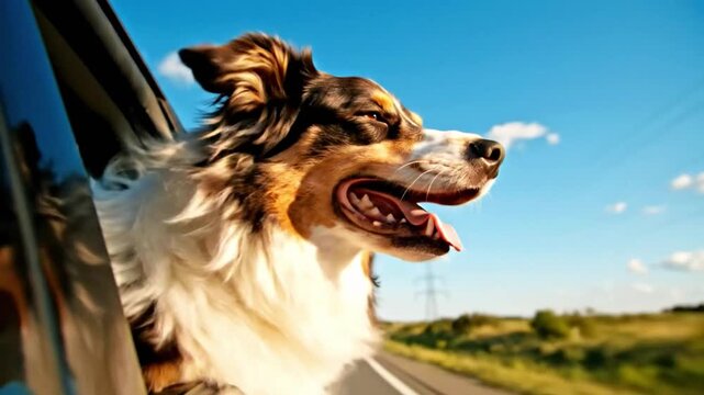 Happy Dog Sticking Head Out Car Window Enjoying Ride on Sunny Day with Scenic Countryside Background