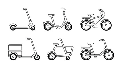 Electric Scooter and Bike Icons: A collection of electric scooter and bike icons presented in a clean, minimalist style. Perfect for mobility, transportation, or eco-friendly themes.  © Abdul