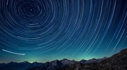 Star Trails over Mountains in Dark Blue Night Sky with Long Exposure in Celestial Format for Astrophotography