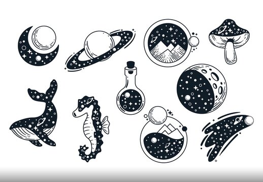 Black And White Astrology Moon Space Illustrations Set
