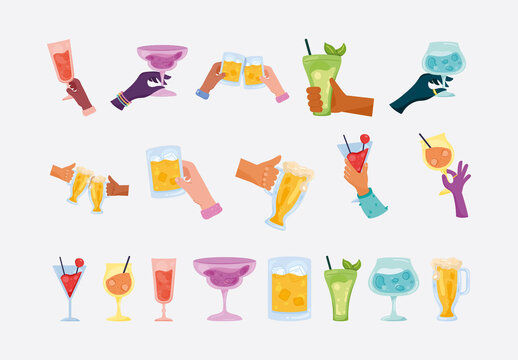 Colorful Cocktail Glasses Beverages Cheers Celebration Illustrations Set