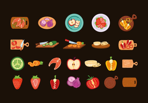 Vegetables Fruits Chop Food Illustrations Set