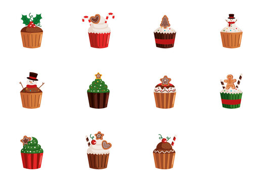 Colorful Christmas Cupcakes Gingerbread Holiday Illustrations Set