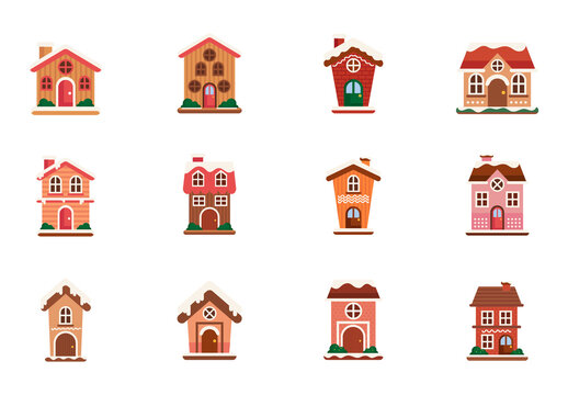 Colorful Christmas Ginger House Winter Holiday Illustrations Set