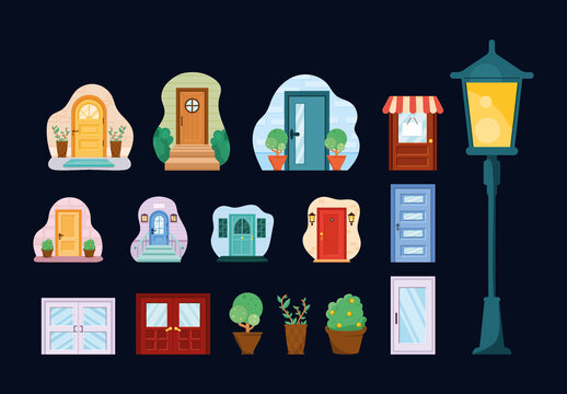 Colorful Entrance Architecture Urban Houses Illustrations Set