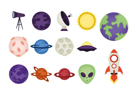 Colorful Galaxy Rocket Alien Planet Space Illustrations Set