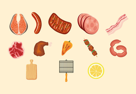 Colorful Barbecue Steak Sausage Chicken Grill Ingredients Illustrations Set