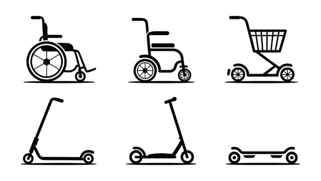 Mobility Aids: A collection of various mobility aids are shown, including wheelchairs and scooters, essential tools that empower individuals to navigate their environment with independence.
