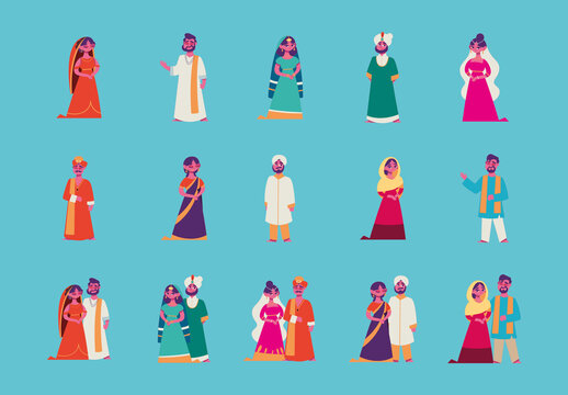 Colorful Indian Traditional Couple Costume Culture Illustrations Set