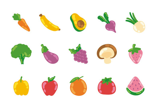 Colorful Fruits Vegetables Avocado Carrot Apple Illustrations Set