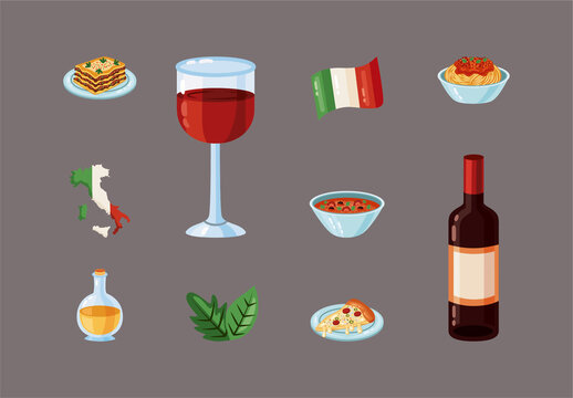 Colorful Italian Cuisine Pizza Pasta Wine Illustrations Set