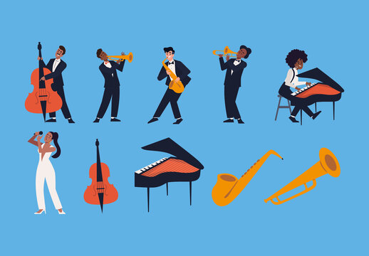 Colorful Jazz Musician Instrument Concert Performance Illustrations Set