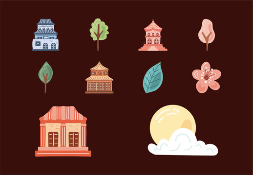 Colorful Korean Temple Nature Architecture Illustrations Set
