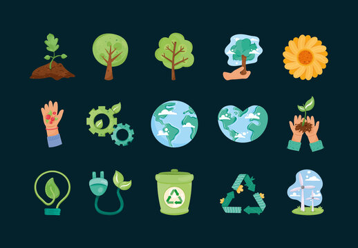 Colorful Ecology Energy Planet Illustrations Set