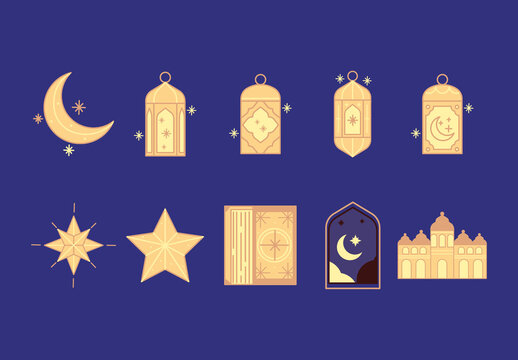 Colorful Ramadam Mosque Islamic Illustrations Set