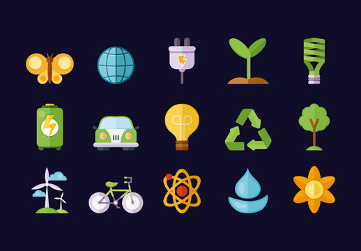 Colorful Recycle Geometric Ecology Energy Nature Icons Set