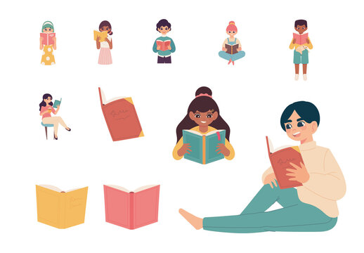 Colorful Reading Students Children Education Illustrations Set