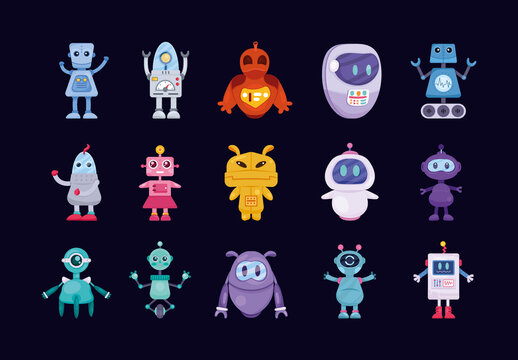 Colorful Robot Character Future Toy Cartoon Illustrations Set