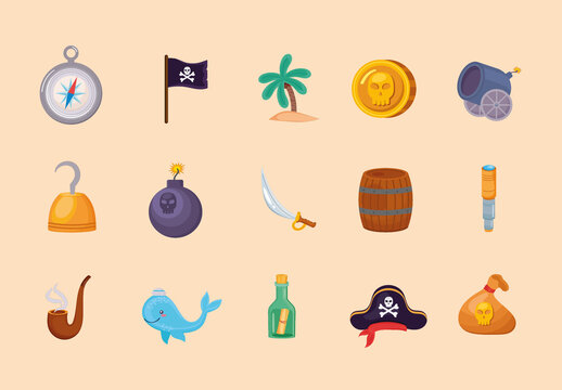 Colorful Pirate Cartoon Nautical Treasure Kids Illustrations Set