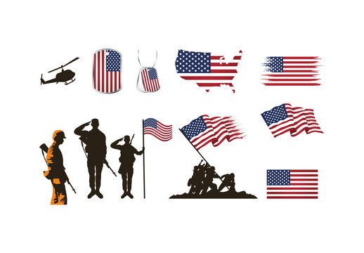 Veterans Day Soldiers Flag Army Illustrations Set
