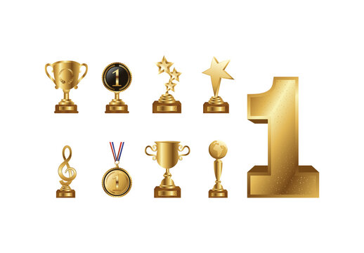 Gold Winner Trophy Award Number Illustrations Set