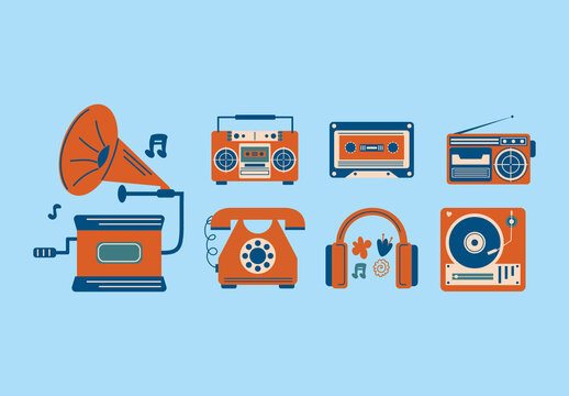 Colorful Retro Music Audio Technology Communication Illustrations Set