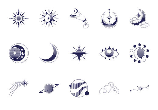 Dark And Blue Cosmic Moon Celestial Illustrations Set