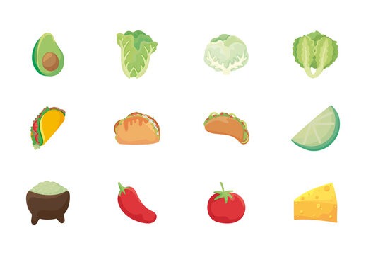 Colorful Mexican Food Tacos Traditional Illustrations Set