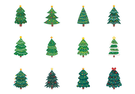 Colorful Christmas Fir Winter Decoration Holiday Illustrations Set