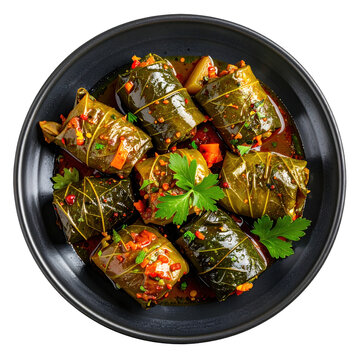 Vibrant sebzeli dolma, bell peppers and grape leaves filled with aromatic rice and herbs, a healthy vegan dish isolated on a white background