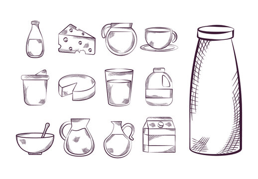 White And Purple Dairy Milk Products Illustrations Set