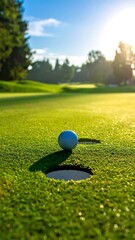 A golf ball sits on the edge of a hole on a sunny golf course
