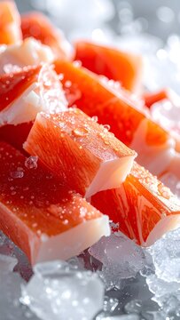 Close-up of delicious imitation crab sticks seasoned with salt, resting on a bed of ice, ready for a meal