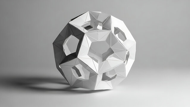 Complex white geometric polyhedron shape with holes on white background with shadow, concept of mathematics, architecture, futuristic structure and symmetry