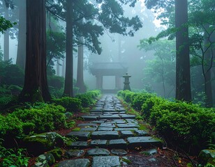 Stone path leads to a structure in a lush, misty forest, with towering trees and dense foliage